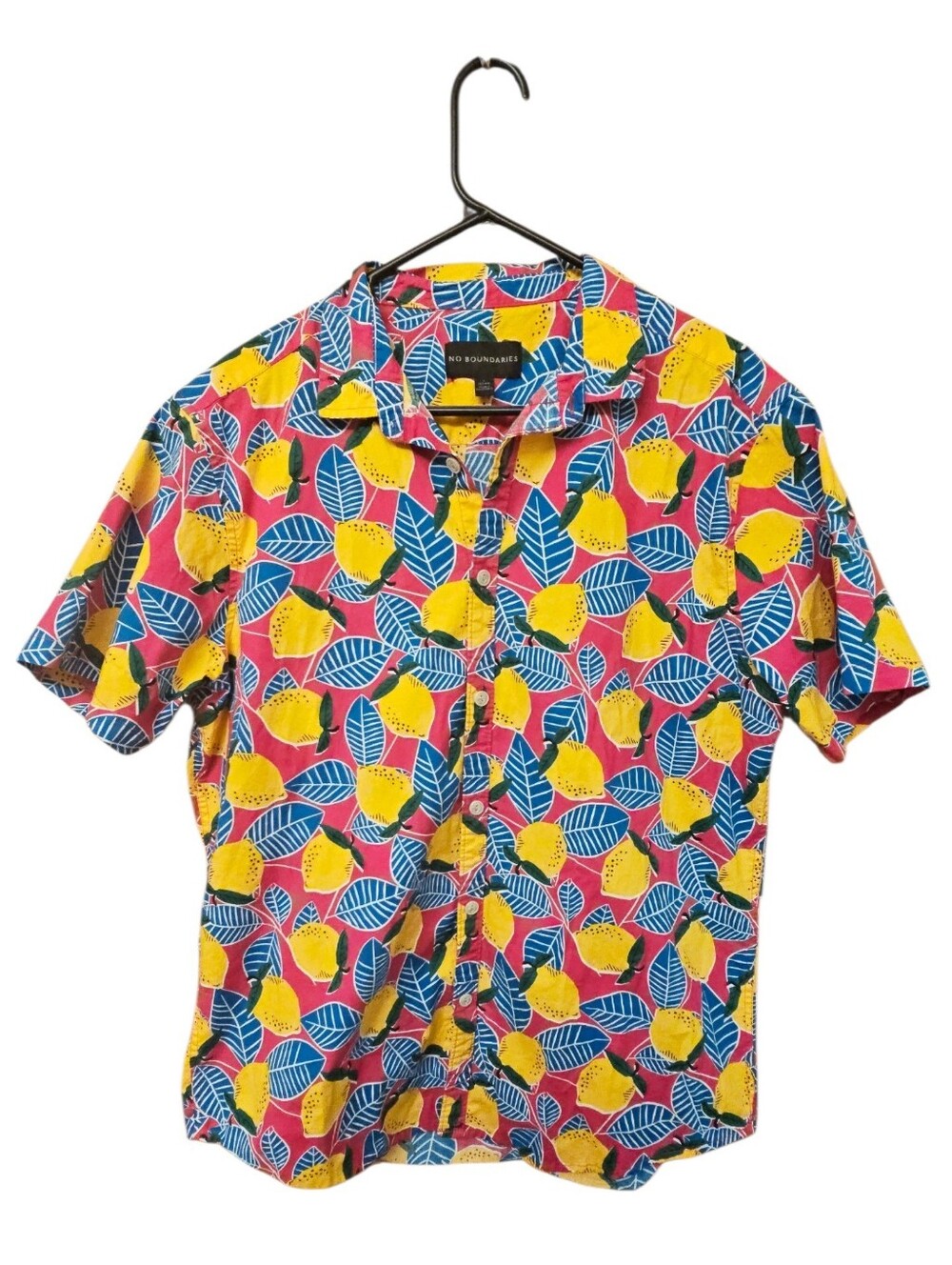 No Boundaries Men's Pink Lemon & Blue Leaf Short-Sleeve Button-Up Shirt